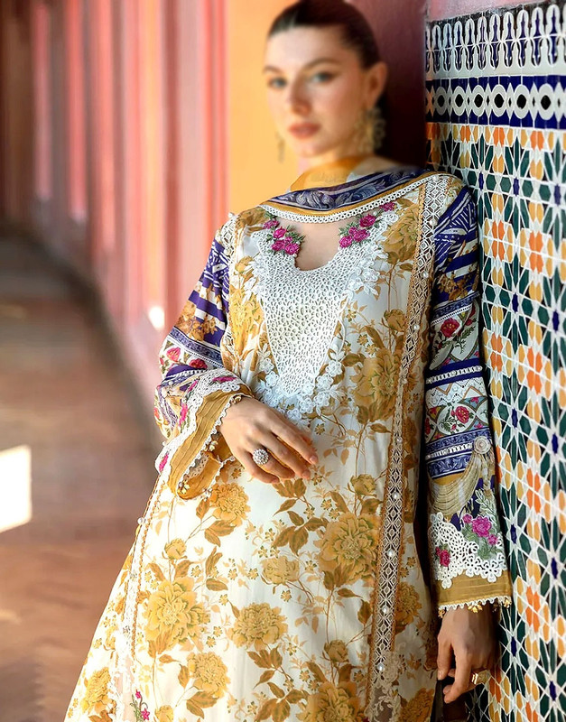 All-Over Print Embroidered Lawn Suit with Chiffon Dupatta image 2