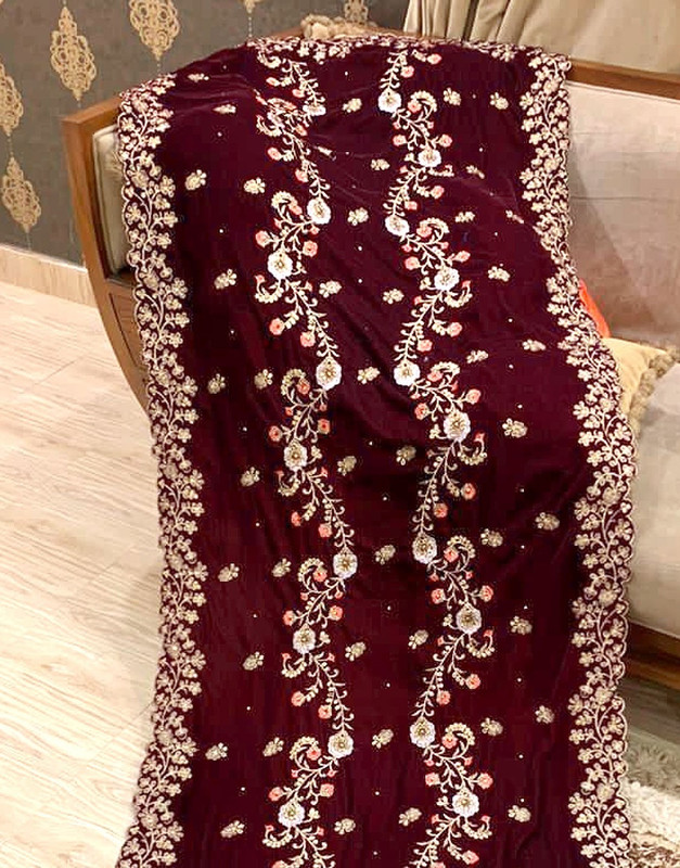 Premium Quality Heavy Embroidered Bridal Velvet Shawl - Maroon image 2