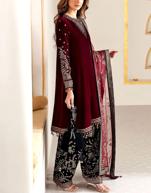 Trendy Embroidered Velvet Party Wear Dress with Emb. Silk Trouser image 3