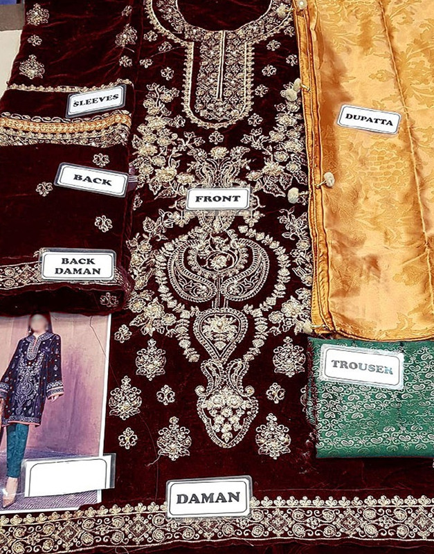 Heavy Embroidered Velvet Party Wear Dress with Jamawar Trouser image 2
