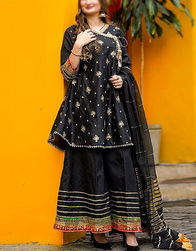 Ready-to-Wear Angrakha Style Embroidered Raw Silk Party Wear Black Dress image 3