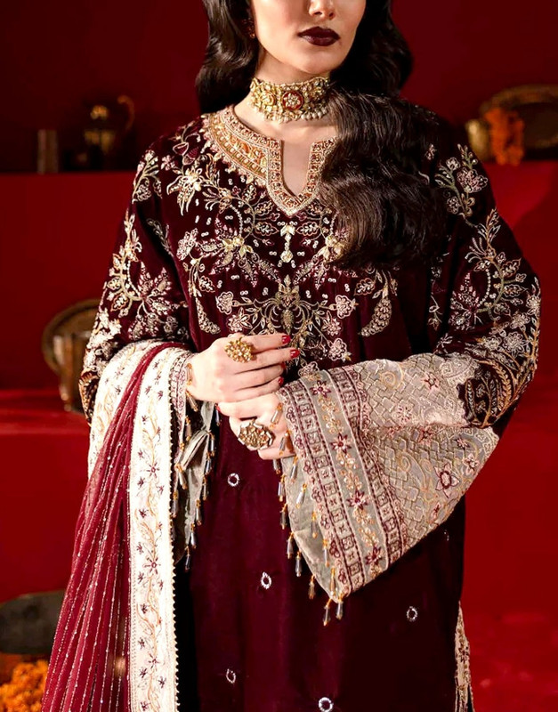 Luxurious Heavy Embroidered Velvet Dress with Emb. Silk Trouser image 2