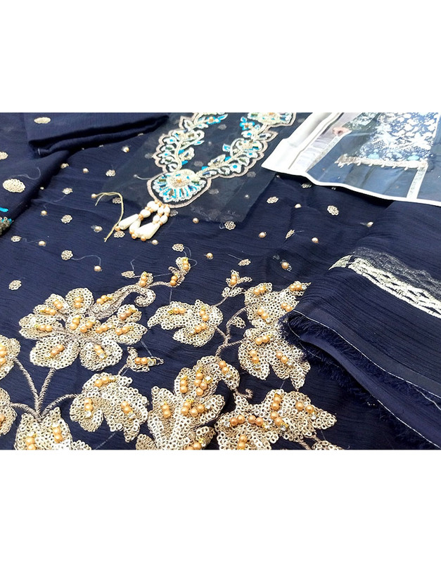 Heavy Embroidered with Handwork Navy Blue Chiffon Wedding Blue Dress image 2