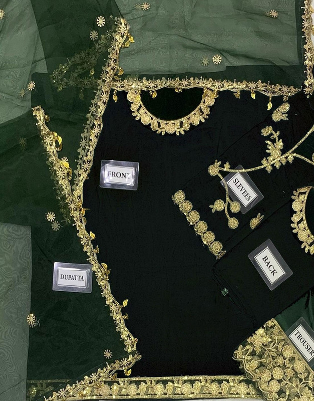 Decent Embroidered Bottle Green Velvet Dress with Organza Dupatta image 2
