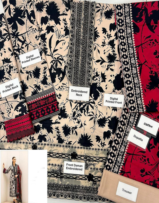 Digital Print Embroidered EID Lawn Dress with Chiffon Dupatta image 3