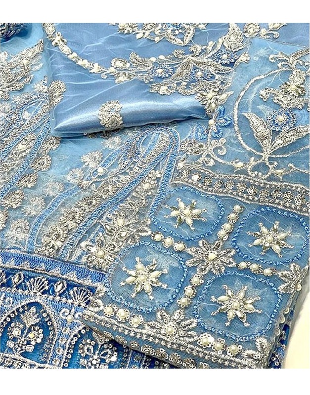 Luxury Handwork Heavy Embroidered Net Bridal Light Blue Maxi Dress image 3