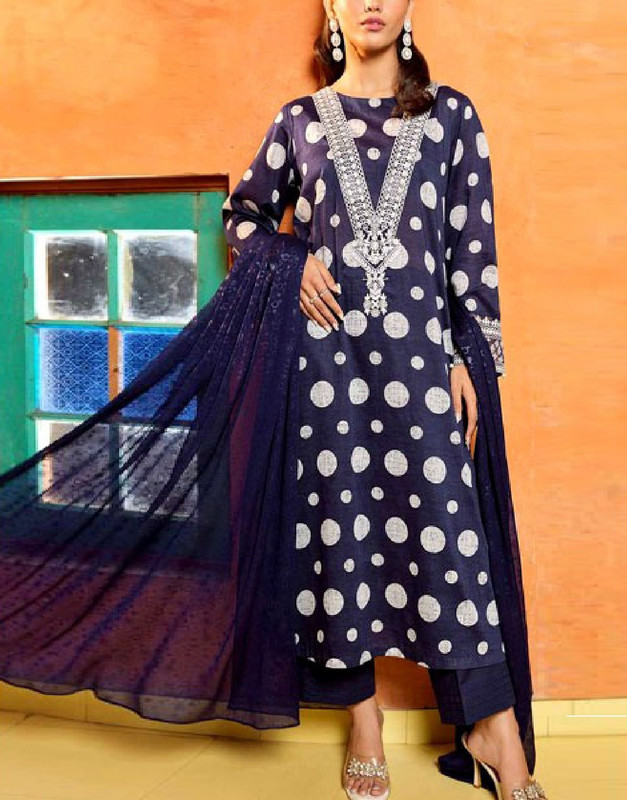 Polka-Dot Print Embroidered Lawn Dress with Chiffon Dupatta