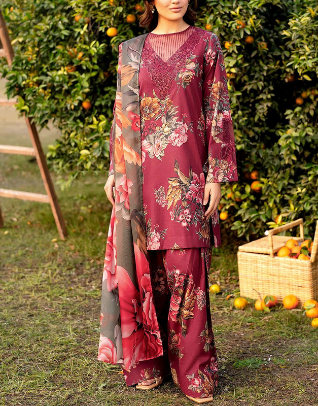 All-Over Print Embroidered Lawn Dress with Chiffon Dupatta