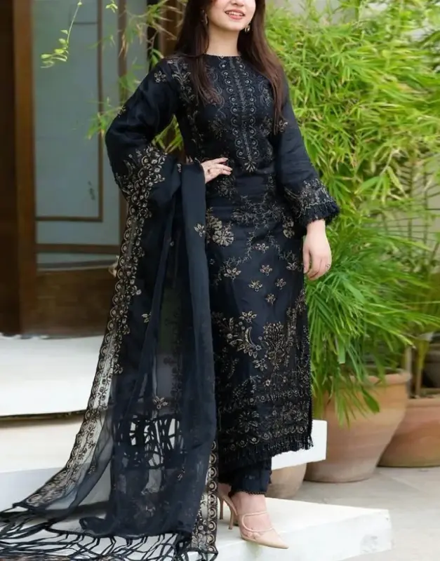 Luxury Embroidered Cotton Dress 2025 with Bamber Chiffon Dupatta