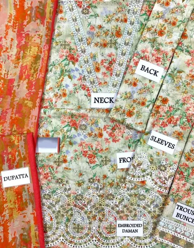 Digital Print Schiffli Embroidered Lawn Suit with Printed Silk Dupatta image 3