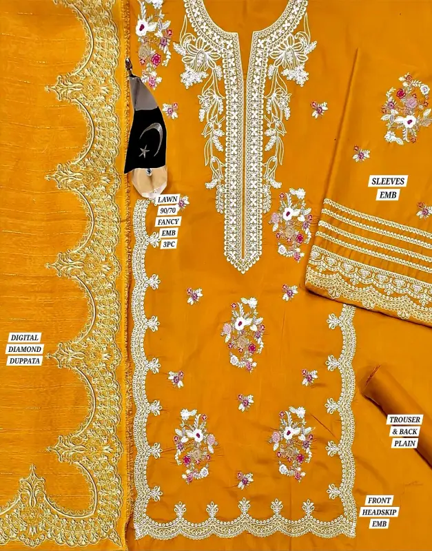 Elegant Embroidered Lawn Dress with Digital Print Diamond Dupatta image 2