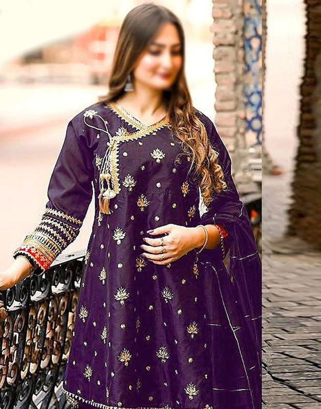 Ready-to-Wear Angrakha Style Embroidered Raw Silk Party Wear Purple Dress image 2