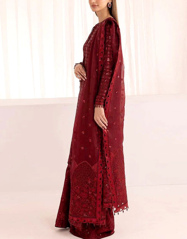 Luxury Heavy Embroidered Maroon Chiffon Wedding Dress image 2