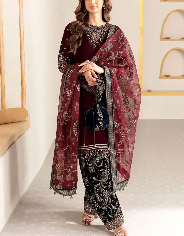 Trendy Embroidered Velvet Party Wear Dress with Emb. Silk Trouser