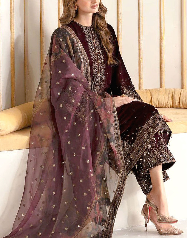 Luxury Heavy Embroidered Velvet Wedding Dress with Emb. Silk Trouser image 3