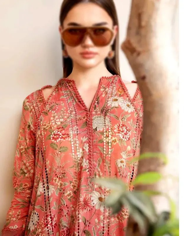 All-Over Print Schiffli Embroidered Lawn Dress with Chiffon Dupatta image 2