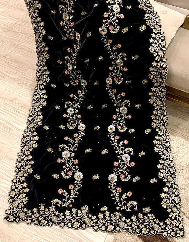 Premium Quality Heavy Embroidered Bridal Velvet Shawl - Black image 3
