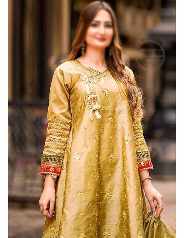 Ready-to-Wear Angrakha Style Embroidered Raw Silk Party Wear Yellow Dress image 2