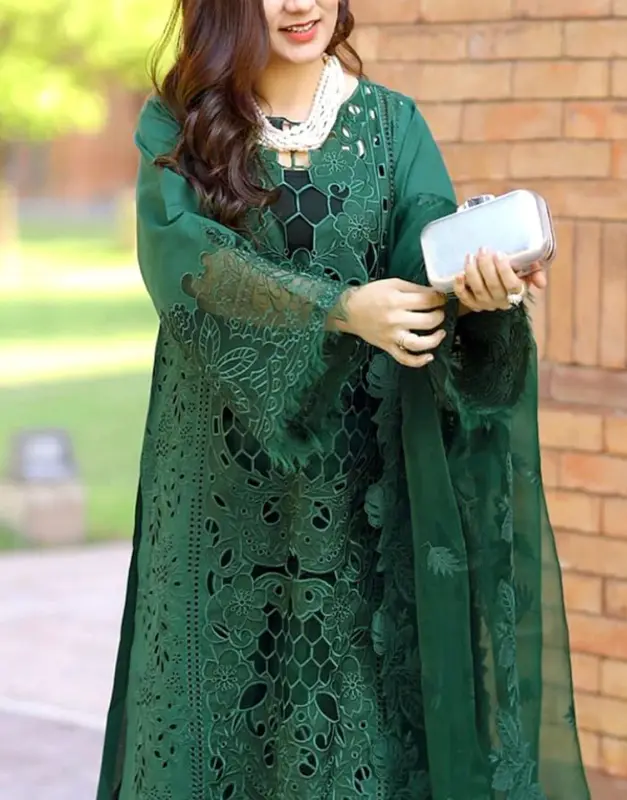 Luxury Heavy Schiffli Embroidered Lawn Dress with Emb Organza Dupatta image 2