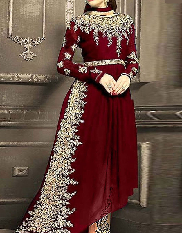 Embroidered Maroon Chiffon Frock with Chiffon Dupatta