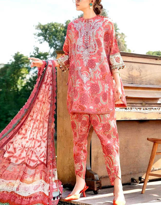 All-Over Print Embroidered Lawn Suit with Chiffon Dupatta