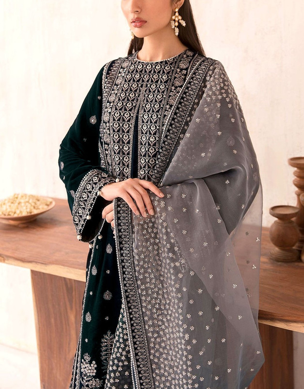 Luxury Heavy Embroidered Velvet Wedding Dress with Emb. Raw Silk Trouser image 2