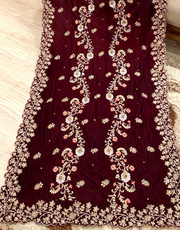 Premium Quality Heavy Embroidered Bridal Velvet Shawl - Maroon image 3