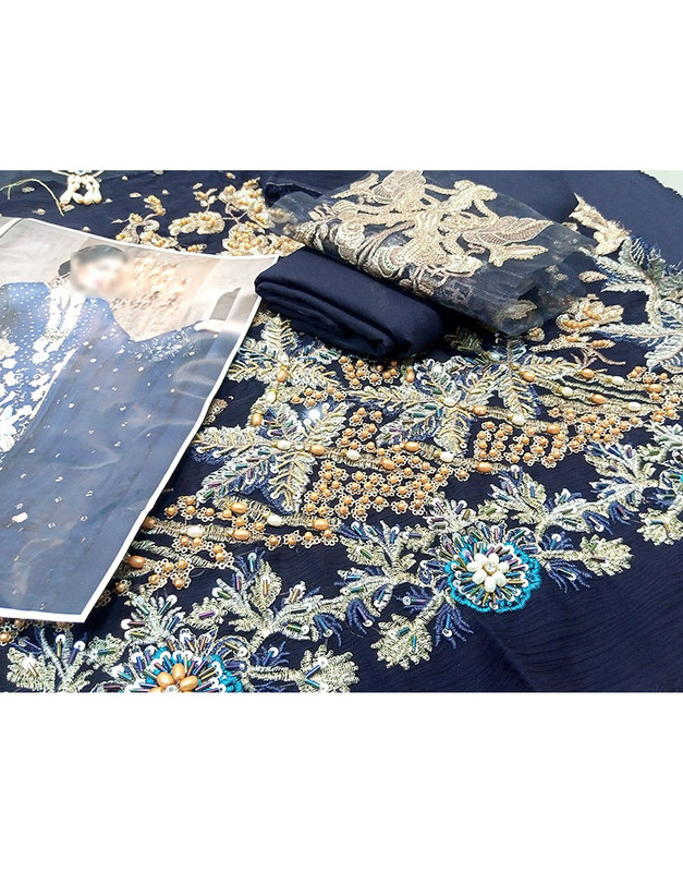 Heavy Embroidered with Handwork Navy Blue Chiffon Wedding Blue Dress image 3