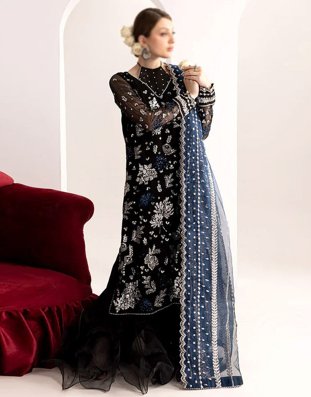 Handwork Heavy Embroidered Black Chiffon Wedding Dress image 3