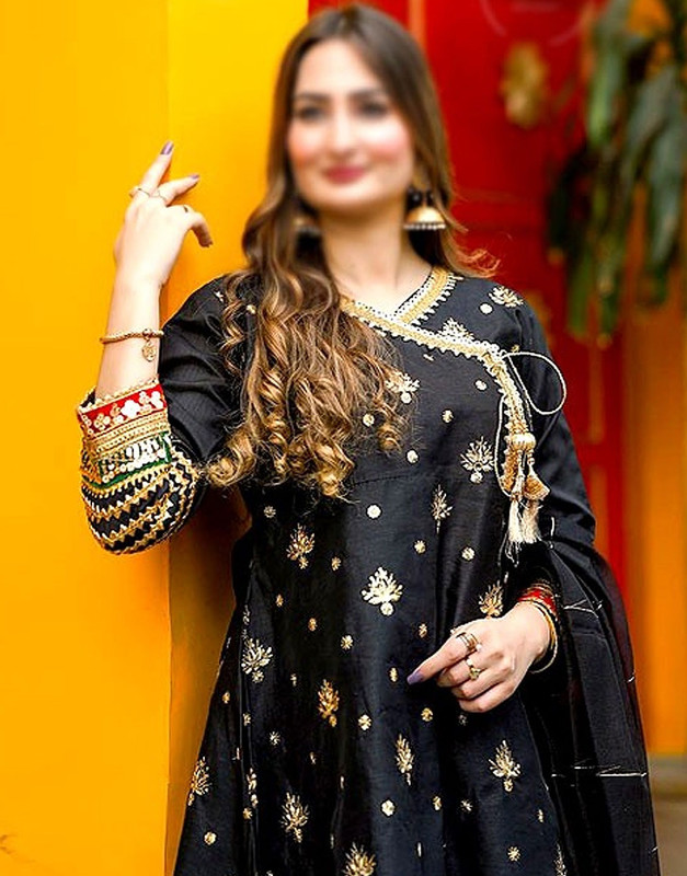 Ready-to-Wear Angrakha Style Embroidered Raw Silk Party Wear Black Dress image 2