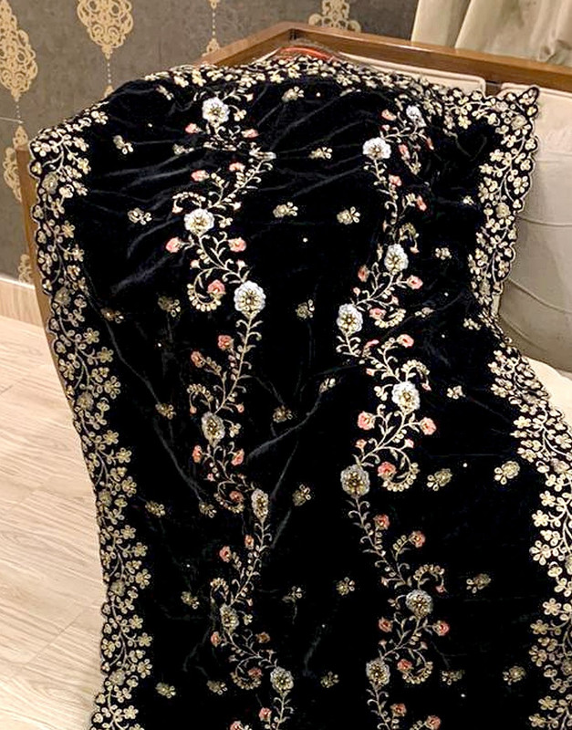 Premium Quality Heavy Embroidered Bridal Velvet Shawl - Black image 2