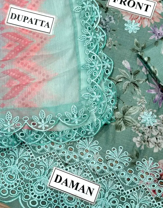 All-Over Print Schiffli Embroidered Lawn Dress with Emb. Chiffon Dupatta image 4