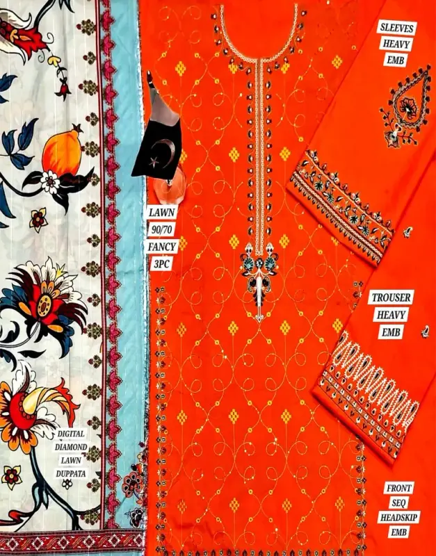 Fancy Embroidered Lawn Dress with Digital Print Diamond Dupatta image 2
