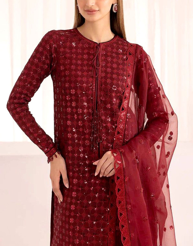 Luxury Heavy Embroidered Maroon Chiffon Wedding Dress image 3