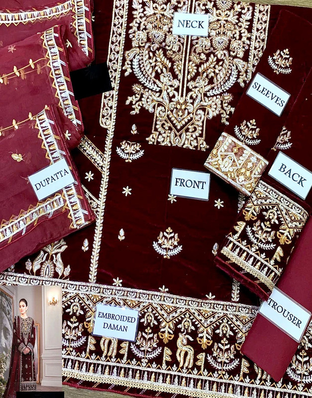 Luxury Embroidered Maroon Velvet Wedding Dress image 2