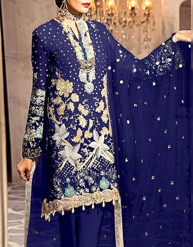 Heavy Embroidered with Handwork Navy Blue Chiffon Wedding Blue Dress
