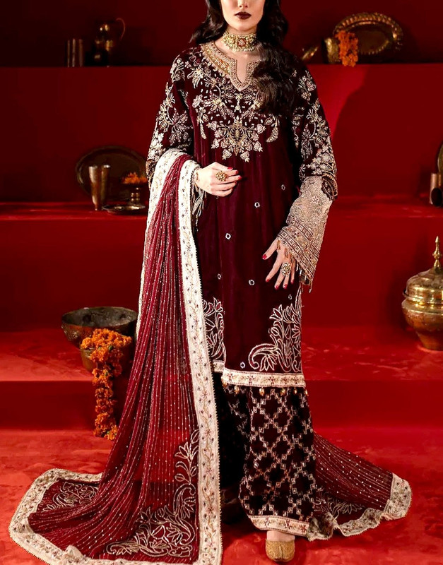 Luxurious Heavy Embroidered Velvet Dress with Emb. Silk Trouser