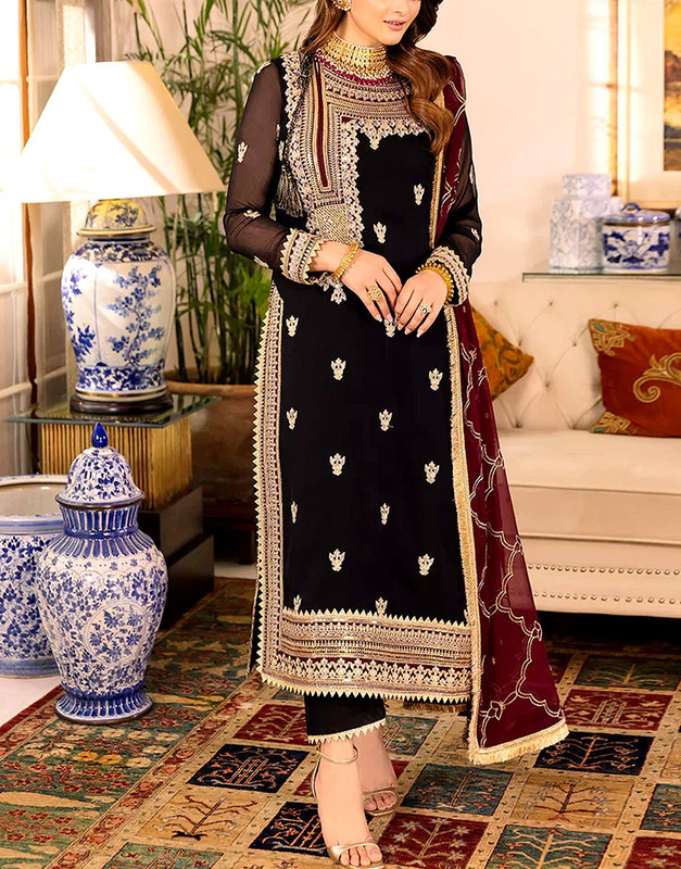 Elegant Embroidered Black Chiffon Party Wear Dress