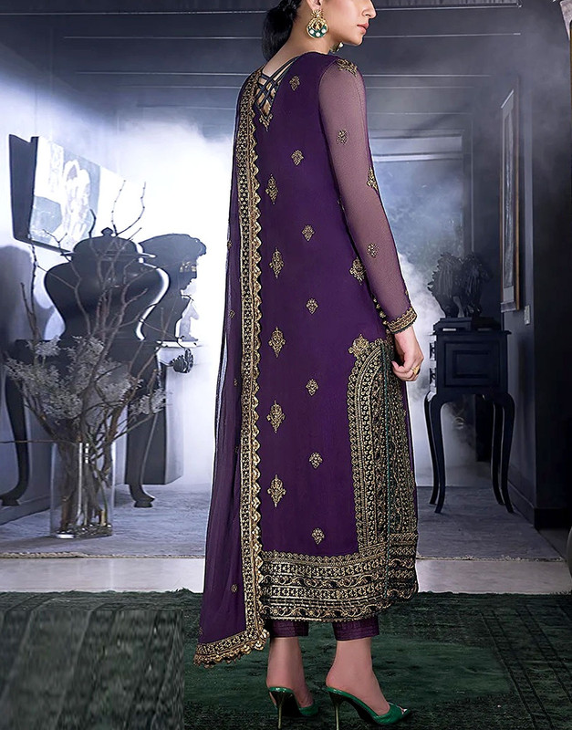 Elegant Embroidered Purple Chiffon Wedding Dress image 2