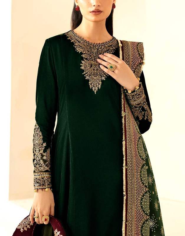 Formal Embroidered Velvet Party Wear Dress with Emb. Silk Trouser image 2
