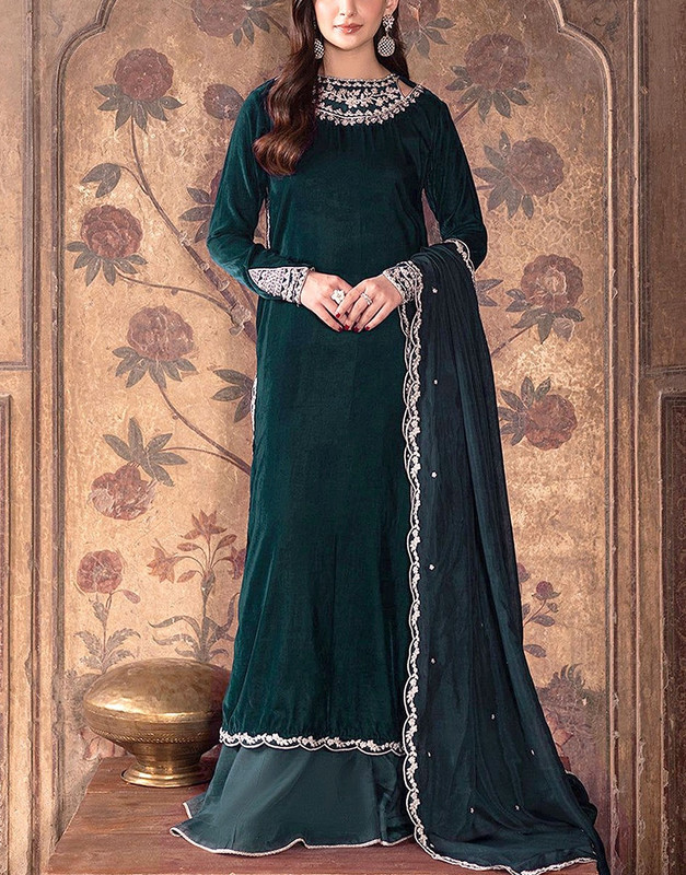 Decent Embroidered Velvet Party Wear Dress 2025 with Chiffon Dupatta