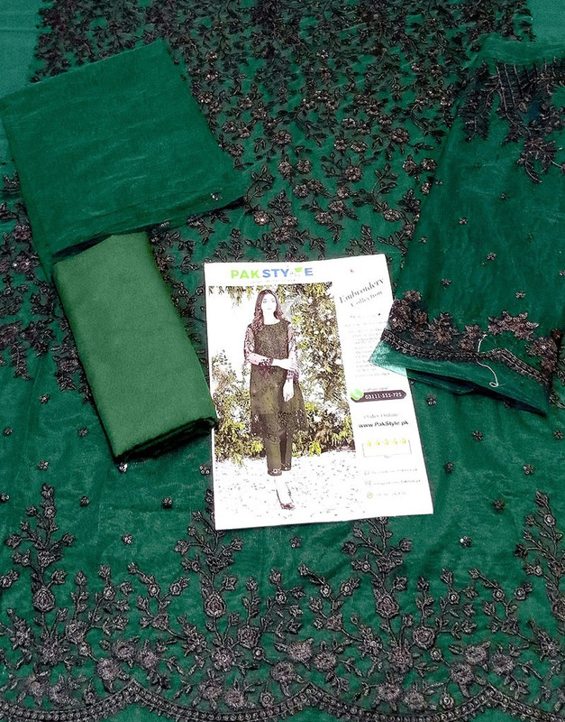 2-Piece Embroidered Fancy Net Party Wear Green Dress image 2
