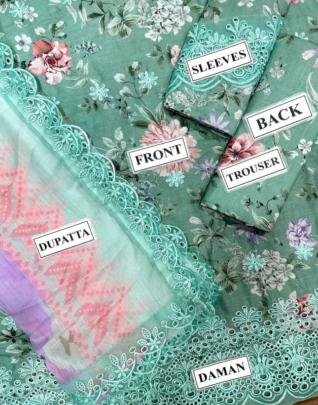All-Over Print Schiffli Embroidered Lawn Dress with Emb. Chiffon Dupatta image 2