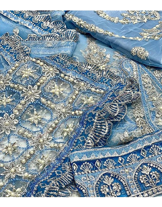Luxury Handwork Heavy Embroidered Net Bridal Light Blue Maxi Dress image 4