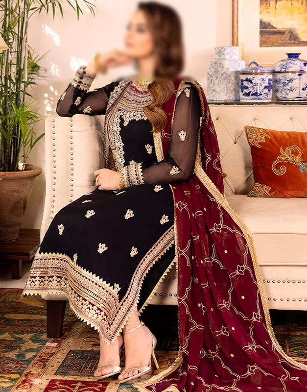 Elegant Embroidered Black Chiffon Party Wear Dress image 3