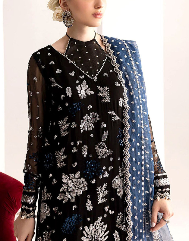 Handwork Heavy Embroidered Black Chiffon Wedding Dress image 2