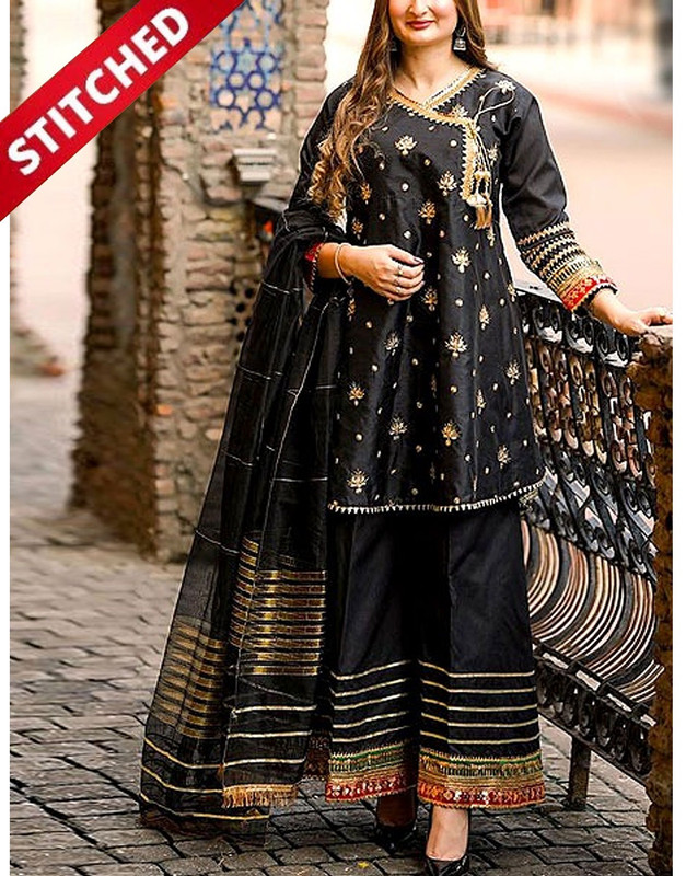 Ready-to-Wear Angrakha Style Embroidered Raw Silk Party Wear Black Dress