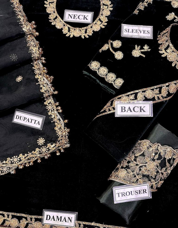 Decent Embroidered Velvet Black Wedding Dress with Organza Dupatta image 2
