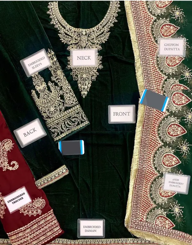 Formal Embroidered Velvet Party Wear Dress with Emb. Silk Trouser image 3