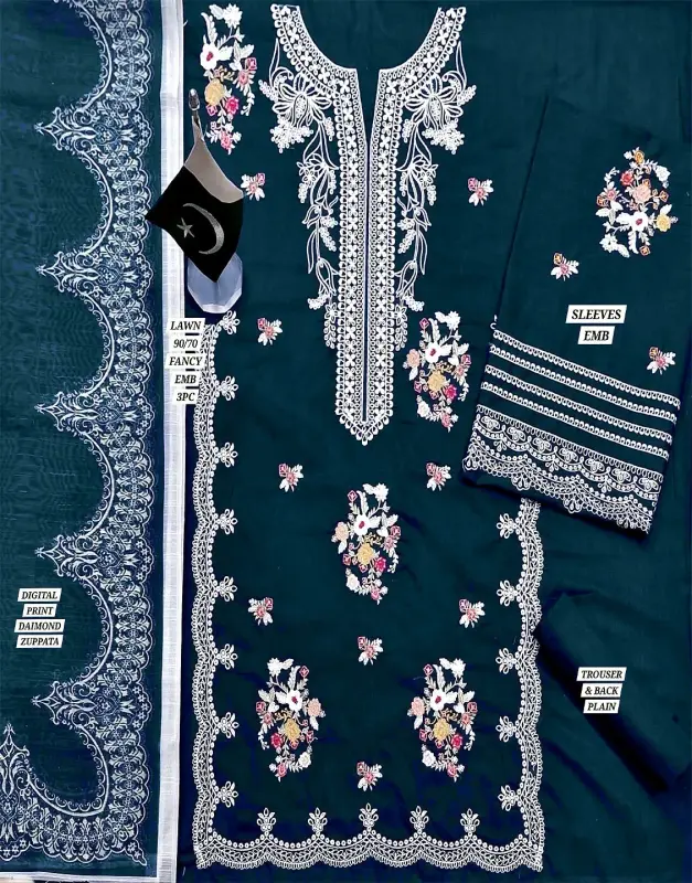 Elegant Embroidered Lawn Dress with Digital Print Diamond Dupatta image 2